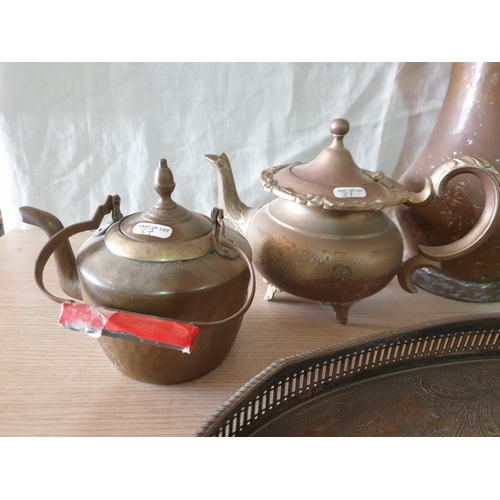 37 - Collection of Vintage Metal Items; Large Oval Tray with Claw & Ball Feet, 2 x Tea Pots, Copper Jugs ... 
