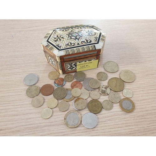 41 - Marquetry Box with Collection of Assorted World Coins