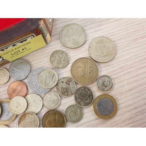 41 - Marquetry Box with Collection of Assorted World Coins