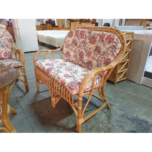 5 - Cane and Wicker Set; 2 - Seat Sofa and 2 x Armchairs with Floral Seat Cushions, Together with Matchi... 