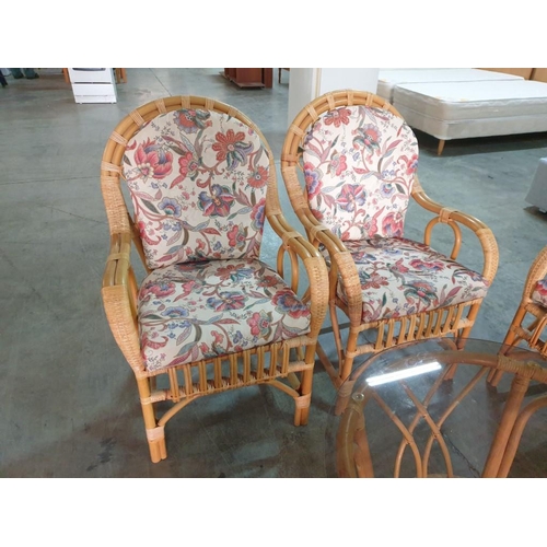 5 - Cane and Wicker Set; 2 - Seat Sofa and 2 x Armchairs with Floral Seat Cushions, Together with Matchi... 