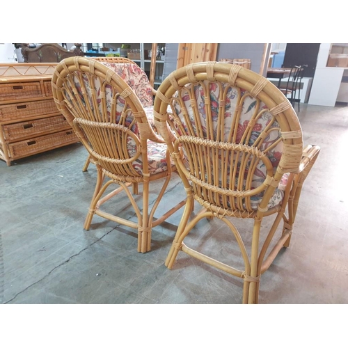 5 - Cane and Wicker Set; 2 - Seat Sofa and 2 x Armchairs with Floral Seat Cushions, Together with Matchi... 