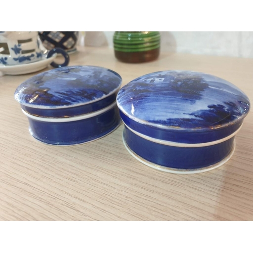 53 - Pair of Round Porcelain Lidded Dishes with Blue & White Scenes, Together with 2 x Lidded Jars and 'B... 