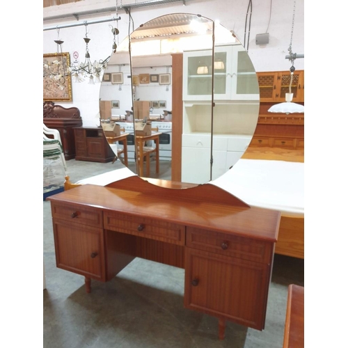 533 - Dark Wood Dressing Table with 3-Drawers and 2-Cupboards with Round 3-Part Mirror Over (133 x 37 x 66... 