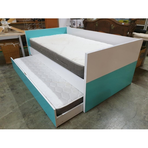 540 - Companion Bed; Single Bed with Modern White & Green Lacquered Surround and Pull Out Bed Under, Both ... 