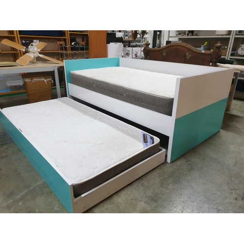 540 - Companion Bed; Single Bed with Modern White & Green Lacquered Surround and Pull Out Bed Under, Both ... 