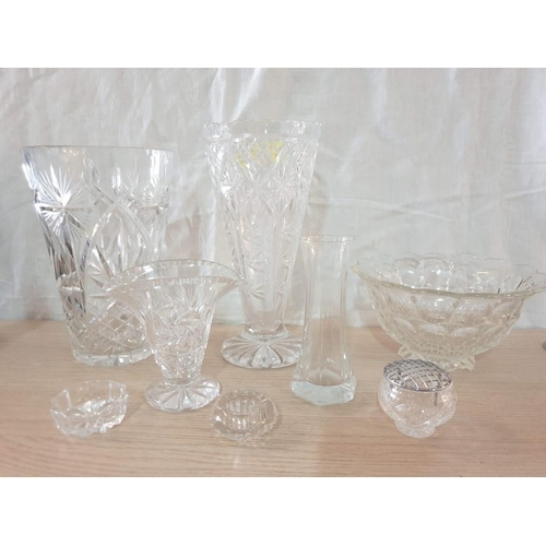 88 - Collection of Crystal Items; 2 x Large Vases, Bowl, Candle Holders, etc (8)