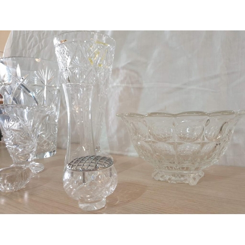 88 - Collection of Crystal Items; 2 x Large Vases, Bowl, Candle Holders, etc (8)