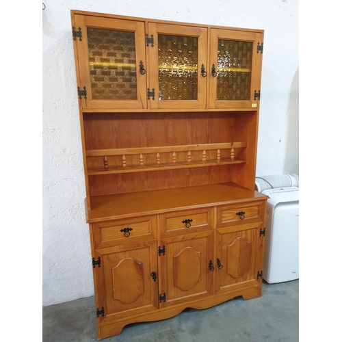 92 - Pine Effect Dresser with 3-Coloured Glass Door Cupboards, Display Shelf with Turned Gallery, Over 3 ... 