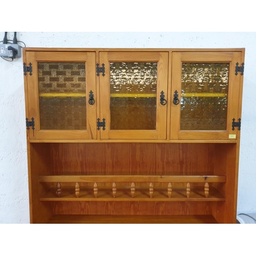 92 - Pine Effect Dresser with 3-Coloured Glass Door Cupboards, Display Shelf with Turned Gallery, Over 3 ... 