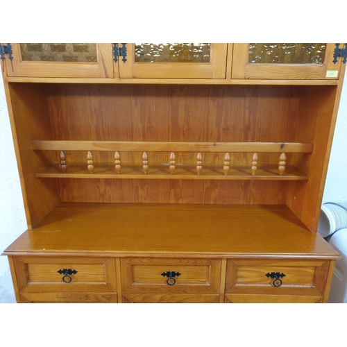 92 - Pine Effect Dresser with 3-Coloured Glass Door Cupboards, Display Shelf with Turned Gallery, Over 3 ... 