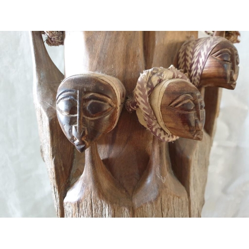 97 - Large Solid Wood Ornament with 7 x Carved Heads and Fabric Head Scarfs, (H: 43cm)