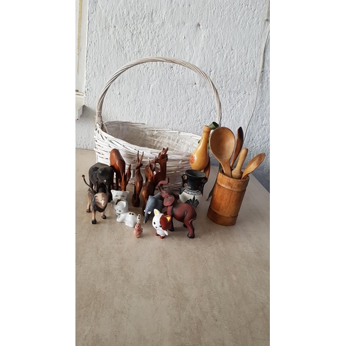 488 - Large Assorted Collection of Ornaments / Figurine inc Large Wicker Basket