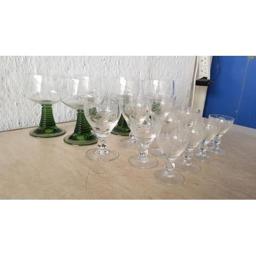 489 - Vintage Engraved with Floral and Grapes Pattern Assorted Glasses (16pcs)