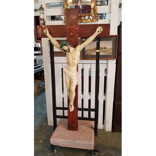 520 - Large Hand Painted Vintage Plaster Statue of Jesus on Wooden Cross (H:155cm), Together with Metal St... 