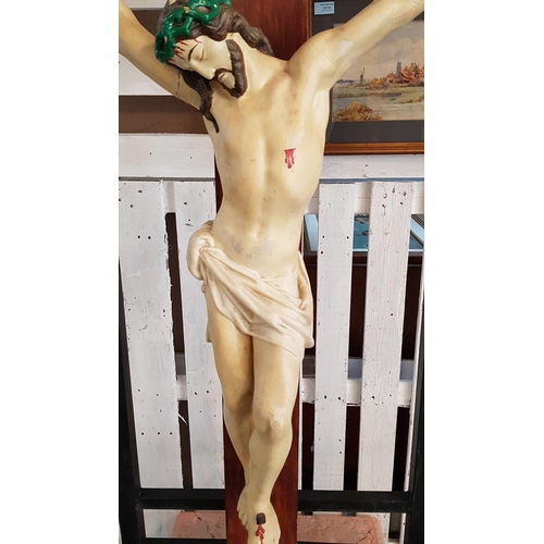 520 - Large Hand Painted Vintage Plaster Statue of Jesus on Wooden Cross (H:155cm), Together with Metal St... 