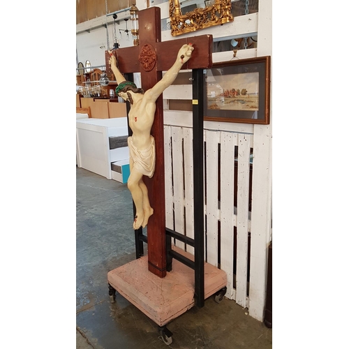 520 - Large Hand Painted Vintage Plaster Statue of Jesus on Wooden Cross (H:155cm), Together with Metal St... 