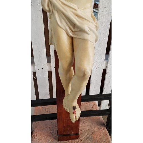 520 - Large Hand Painted Vintage Plaster Statue of Jesus on Wooden Cross (H:155cm), Together with Metal St... 