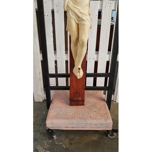 520 - Large Hand Painted Vintage Plaster Statue of Jesus on Wooden Cross (H:155cm), Together with Metal St... 