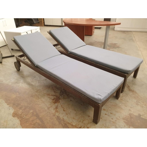 3 - Pair of Solid Wood Sunbeds with Adjustable Back Support and Green Fabric Cushions (2)