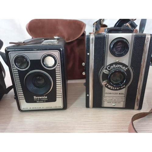 13C - Collection of Vintage Cameras; Box Cameras Include; Coronet Twelve 20, Kodak Brownie Model C and One... 