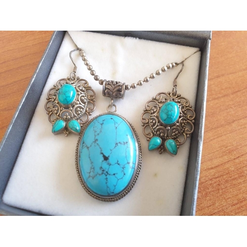171 - Oriental Style Decorative Silver & Turquoise Stone Set Pendant on Necklace and Pair of Earrings