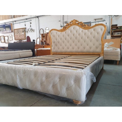 6 - Large Impressive Double Bed with Gold Colour Carved Wood Elaborate Headboard with Button - Back Padd... 