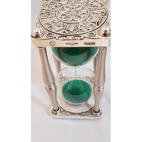 19 - Large 'Linea Argenti' Ornate White Metal Hour Glass with Green Sand, Approx. H: 20m