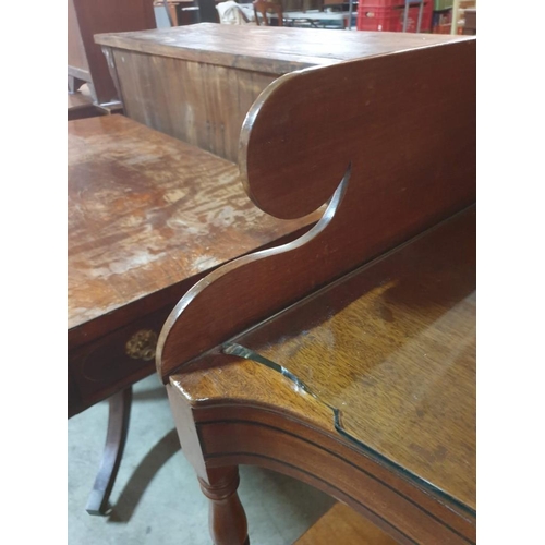 22 - Antique Pine Veneer Wash Stand with Turned Uprights, Concave Front, Lower Shelf and Mahogany Drawer ... 