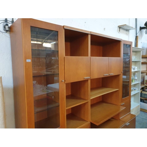 121 - Modern Cherry Wood Colour Lounge Display Unit with Open Shelving, 2 x Glass Cabinets, Cupboards and ... 