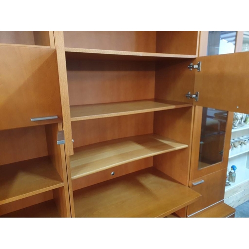 121 - Modern Cherry Wood Colour Lounge Display Unit with Open Shelving, 2 x Glass Cabinets, Cupboards and ... 