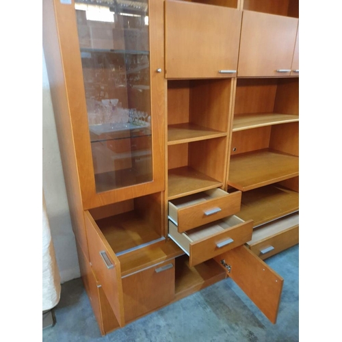 121 - Modern Cherry Wood Colour Lounge Display Unit with Open Shelving, 2 x Glass Cabinets, Cupboards and ... 