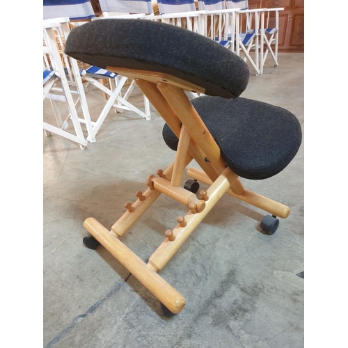 130 - Ergonomic Stool, Wood with Grey Padded Fabric Seat and Knee Rests, Adjustable Angle / Height