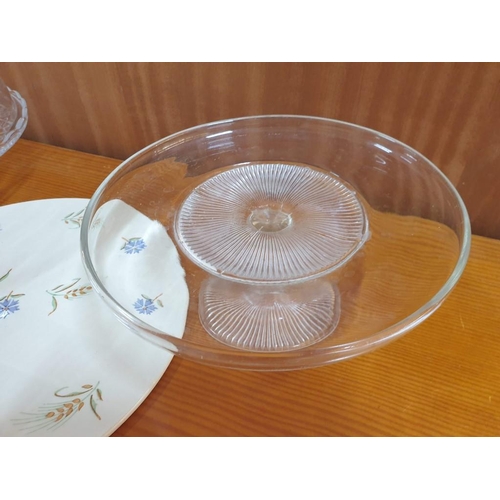 131 - 2 x Glass Raised Cake Plates, One with Dome Cover, Together with Round Porcelain Cake Plate with Flo... 