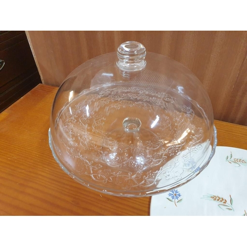 131 - 2 x Glass Raised Cake Plates, One with Dome Cover, Together with Round Porcelain Cake Plate with Flo... 