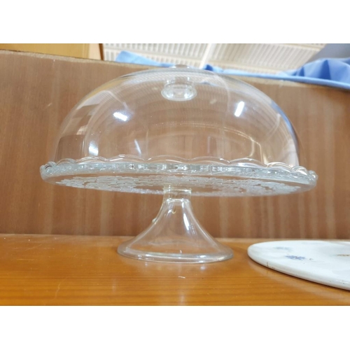 131 - 2 x Glass Raised Cake Plates, One with Dome Cover, Together with Round Porcelain Cake Plate with Flo... 