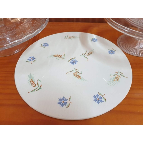 131 - 2 x Glass Raised Cake Plates, One with Dome Cover, Together with Round Porcelain Cake Plate with Flo... 