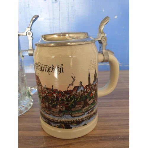 162 - Vintage West German Beer Stein with 'BMW' Lid and Munich Decoration, Together with Glass Beer Stein,... 