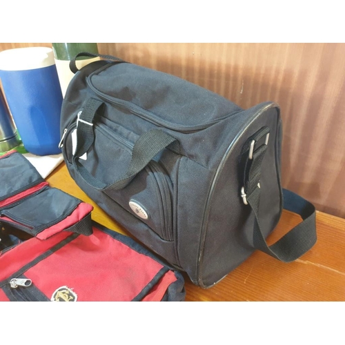 243 - Black Travel Bag, Other Small Bags, Together with 3 x Flasks / Thermos