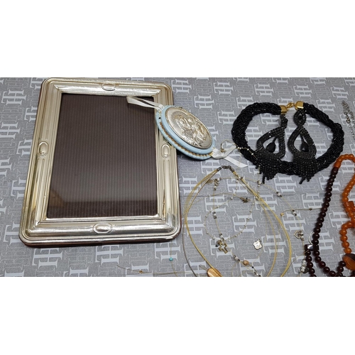 254 - Assorted Collection of Jewellery (Costume and Silver) Icon and Large Silver Frame (18 x 23cm)