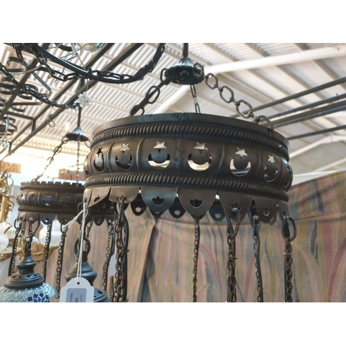 269 - Pair of Arabic Style Ceiling Lights with 7 x Hanging Blue & White Decorated Glass Shades at Graduati... 