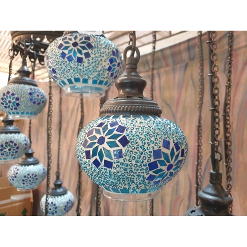 269 - Pair of Arabic Style Ceiling Lights with 7 x Hanging Blue & White Decorated Glass Shades at Graduati... 