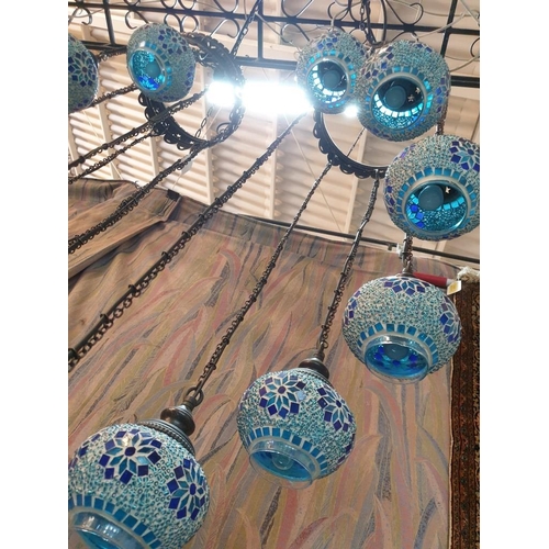 269 - Pair of Arabic Style Ceiling Lights with 7 x Hanging Blue & White Decorated Glass Shades at Graduati... 