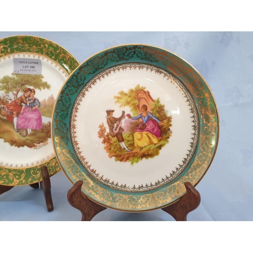 290 - 3 x Limoges Porcelain Plates, with Victorian Scenes, Green Border with Gold Decoration (Approx. Ø: 1... 