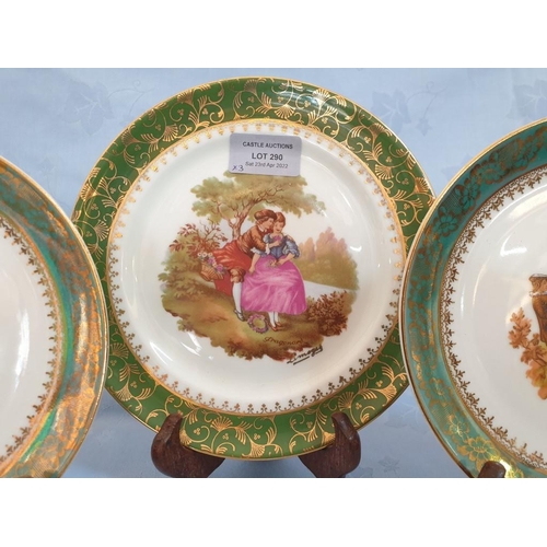 290 - 3 x Limoges Porcelain Plates, with Victorian Scenes, Green Border with Gold Decoration (Approx. Ø: 1... 