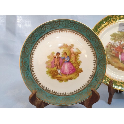 290 - 3 x Limoges Porcelain Plates, with Victorian Scenes, Green Border with Gold Decoration (Approx. Ø: 1... 