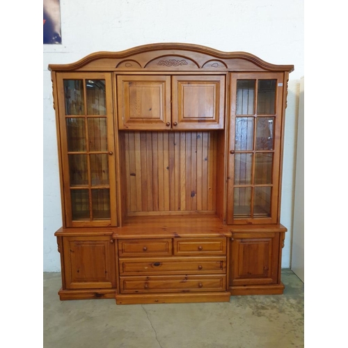 294 - Large Pine Display / Lounge Unit with 2 x Glass Doors, Arched & Carved Top, 3-Drawers and Cupboards,... 