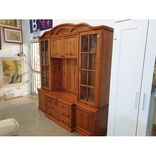 294 - Large Pine Display / Lounge Unit with 2 x Glass Doors, Arched & Carved Top, 3-Drawers and Cupboards,... 