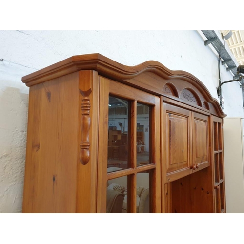 294 - Large Pine Display / Lounge Unit with 2 x Glass Doors, Arched & Carved Top, 3-Drawers and Cupboards,... 