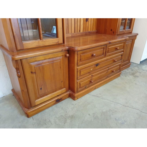 294 - Large Pine Display / Lounge Unit with 2 x Glass Doors, Arched & Carved Top, 3-Drawers and Cupboards,... 